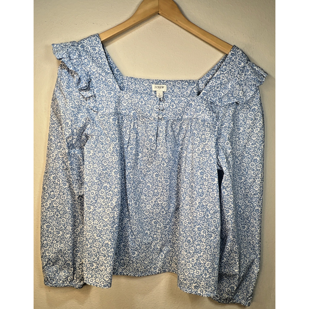 J. Crew Blue Large BR779 Cotton Floral Square neck Ruffle Top J- NWT - Picture 4 of 14